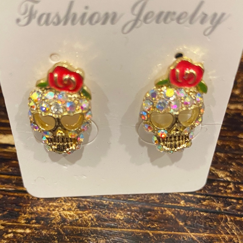 Gold Skull Earrings with Red Rose Accents